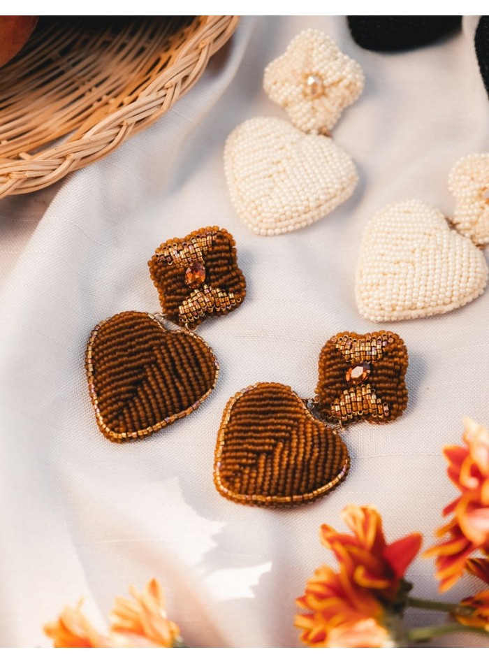 Hand-embroidered flower and heart earrings with...