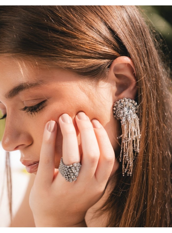 Crochet fan earrings with bangs and crystals