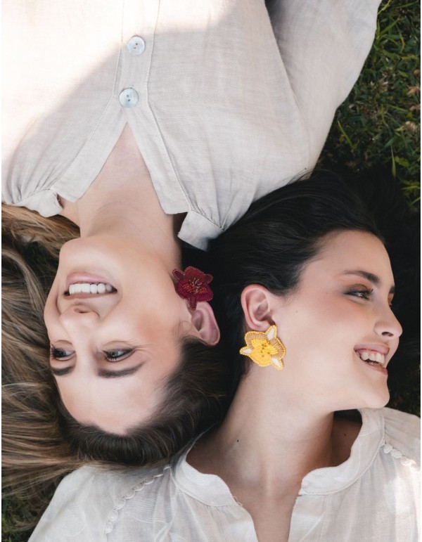 Hand-embroidered orchid flower earrings with beads 2