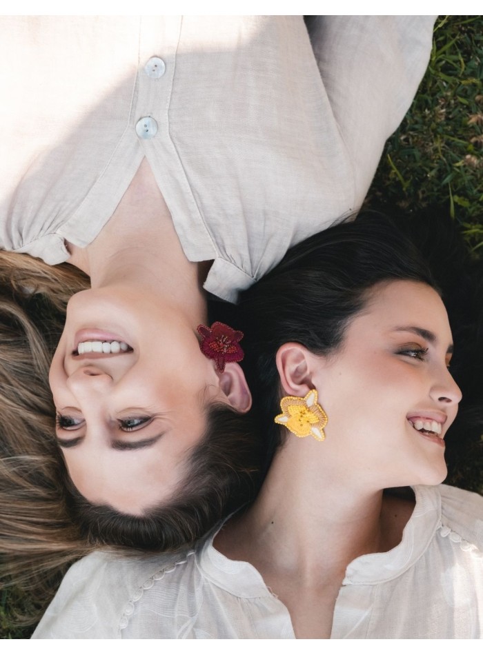 Hand-embroidered orchid flower earrings with beads