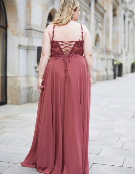 Plus size maxi dress with handmade lace and chiffon skirt with flounce