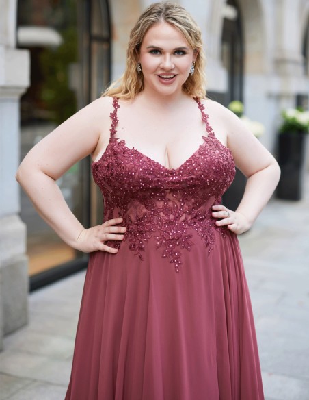 Plus size maxi dress with handmade lace and chiffon skirt with flounce