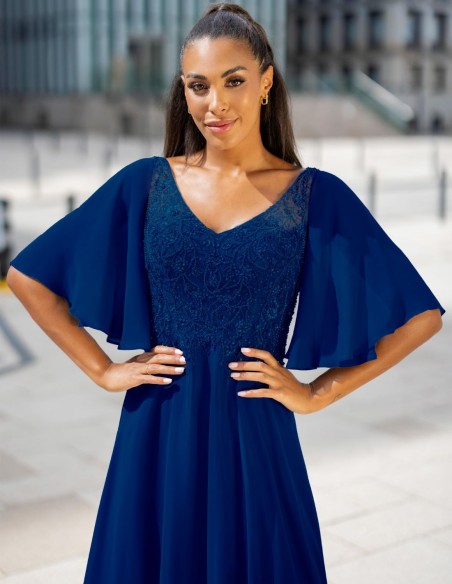 Long guest dress with short sleeves and rhinestone bodice