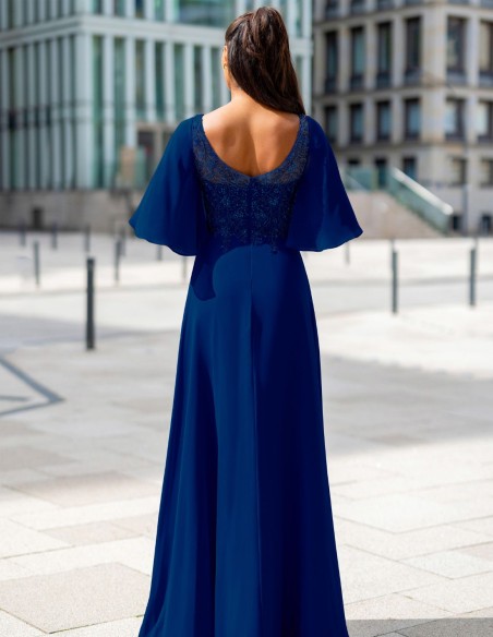 Long guest dress with short sleeves and rhinestone bodice