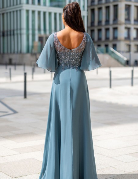 Long guest dress with short sleeves and rhinestone bodice