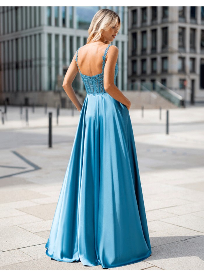 Elegant evening dress with lace and satin skirt
