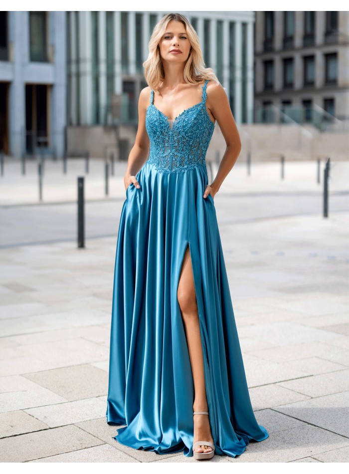 Elegant evening dress with lace and satin skirt