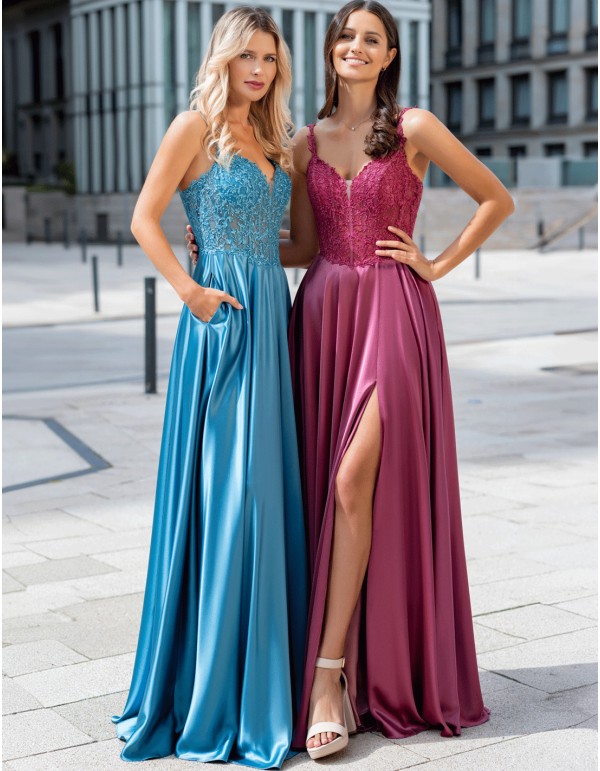 Vestido de fiesta largo elegante con encaje y falda satinada