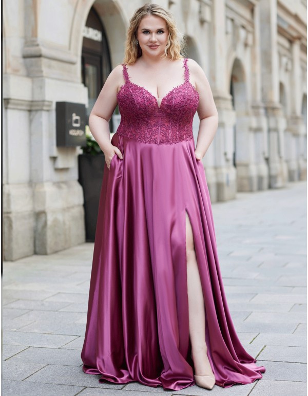 Vestido de fiesta largo elegante talla grande con encaje y satén