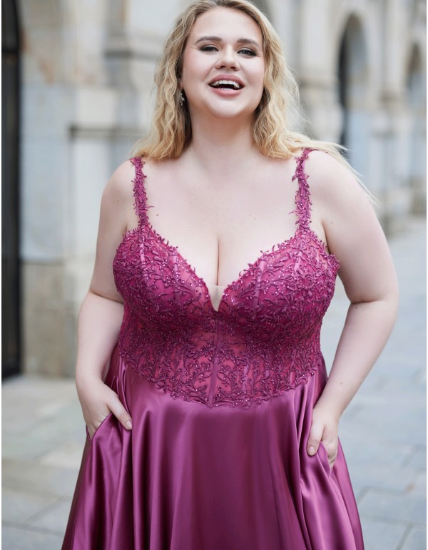 Vestido de fiesta largo elegante talla grande con encaje y satén 2