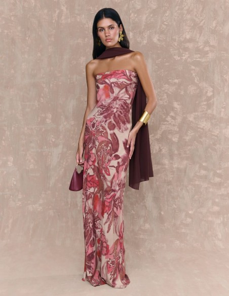 Robe d'invité imprimée, longue, décolletée et sans bretelles