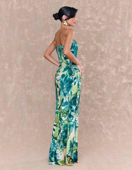 Robe longue avec encolure sans bretelles et motif imprimé