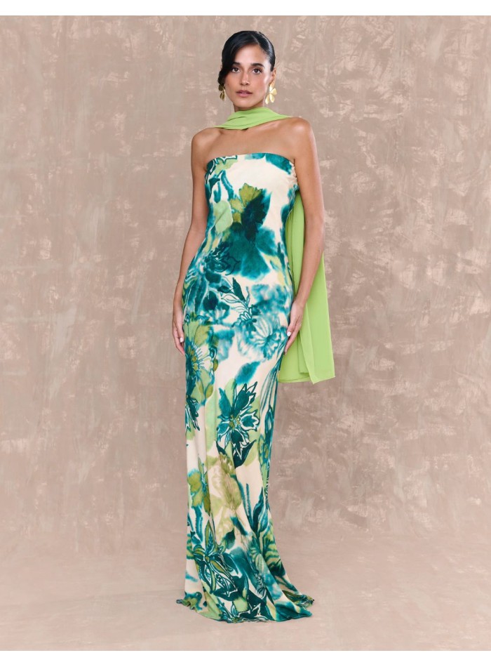 Vestido largo de fiesta con escote palabra de honor y estampado