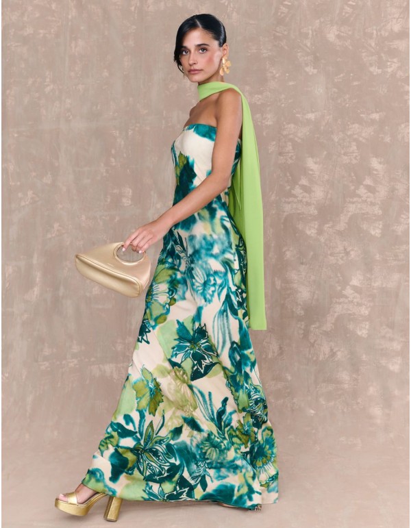 Vestido largo de fiesta con escote palabra de honor y estampado 2