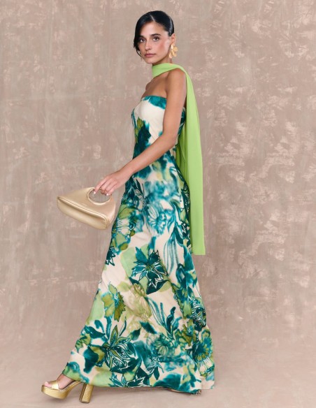 Vestido largo de fiesta con escote palabra de honor y estampado en tonos verdes