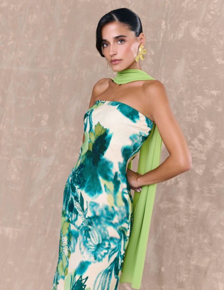 Long dress for event with strapless neckline and print