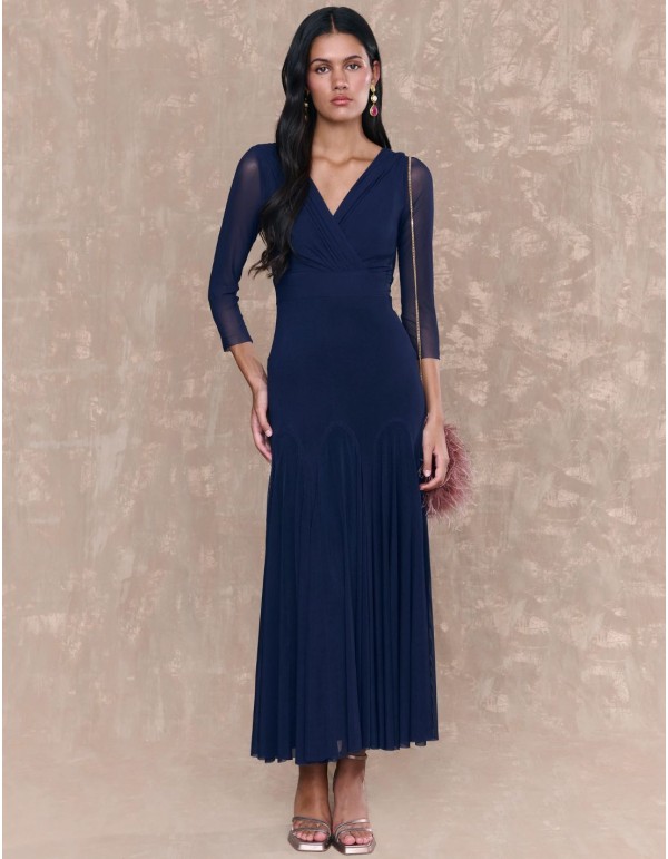 Navy blue midi guest dress with crossover neckline and...