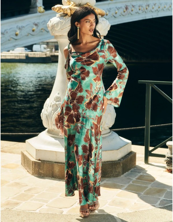 Turquoise floral print midi guest dress with asymmetrical...
