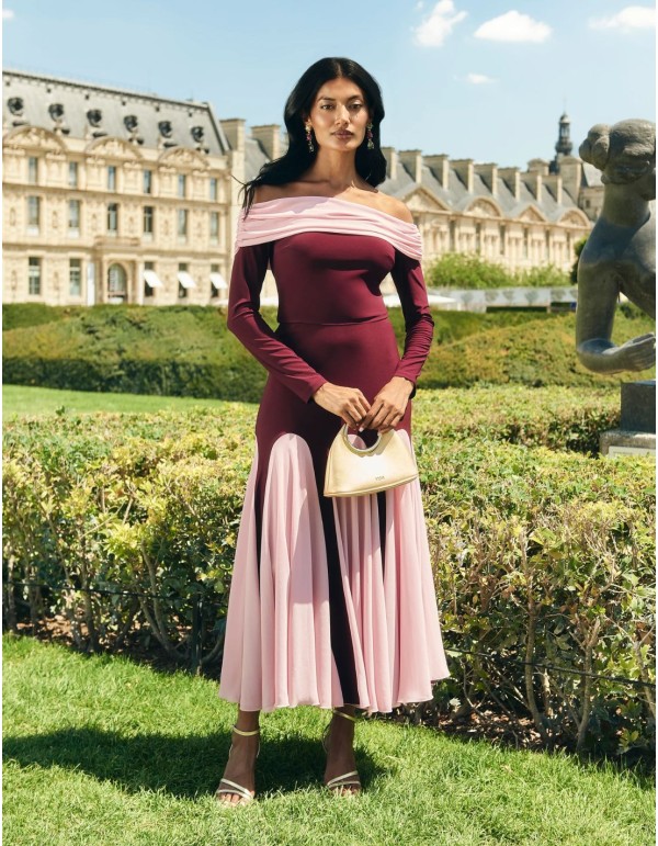 Jupe de soirée midi bicolore à taille haute