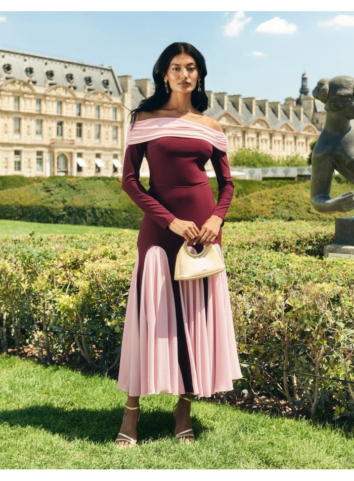 Jupe de soirée midi bicolore à taille haute