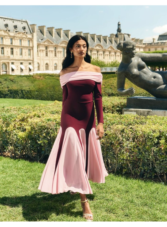 Jupe de soirée midi bicolore à taille haute