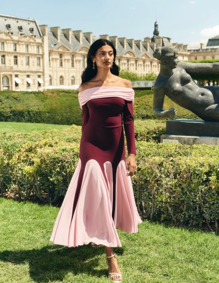 Jupe de soirée midi bicolore à taille haute