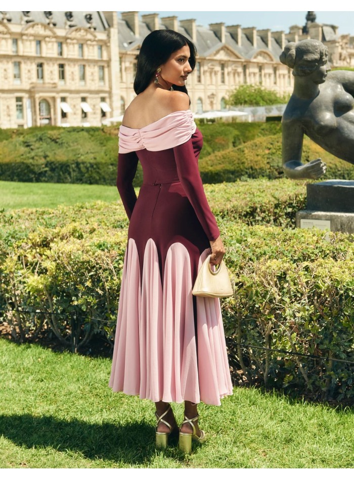 Jupe de soirée midi bicolore à taille haute