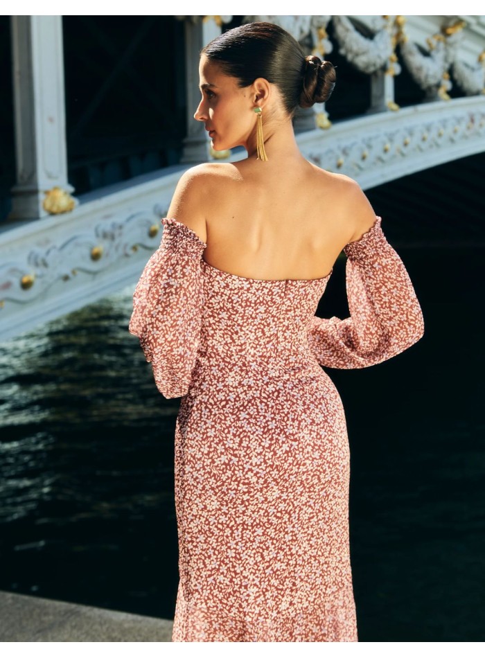 Maroon printed midi dress for guests with...