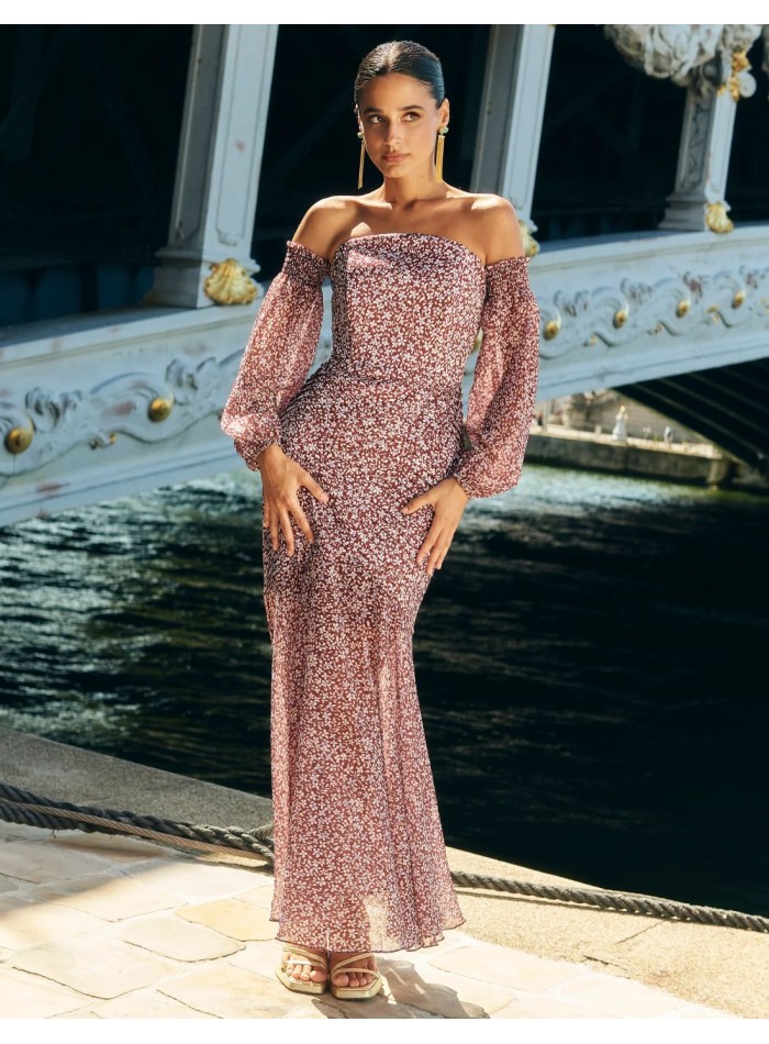 Maroon printed midi dress for guests with...