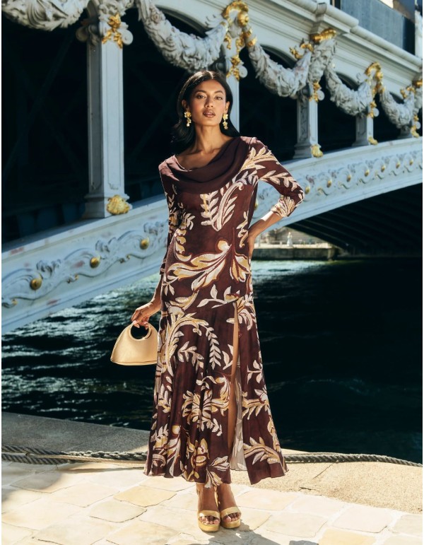 Robe d'invité midi à imprimé floral marron