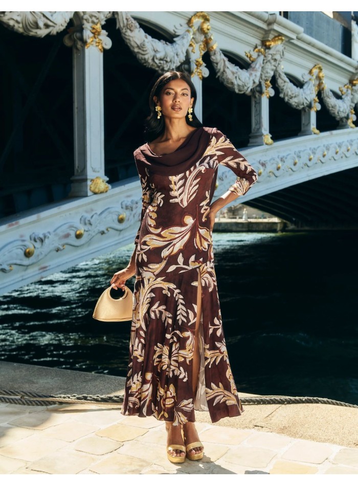 Brown floral print midi guest dress