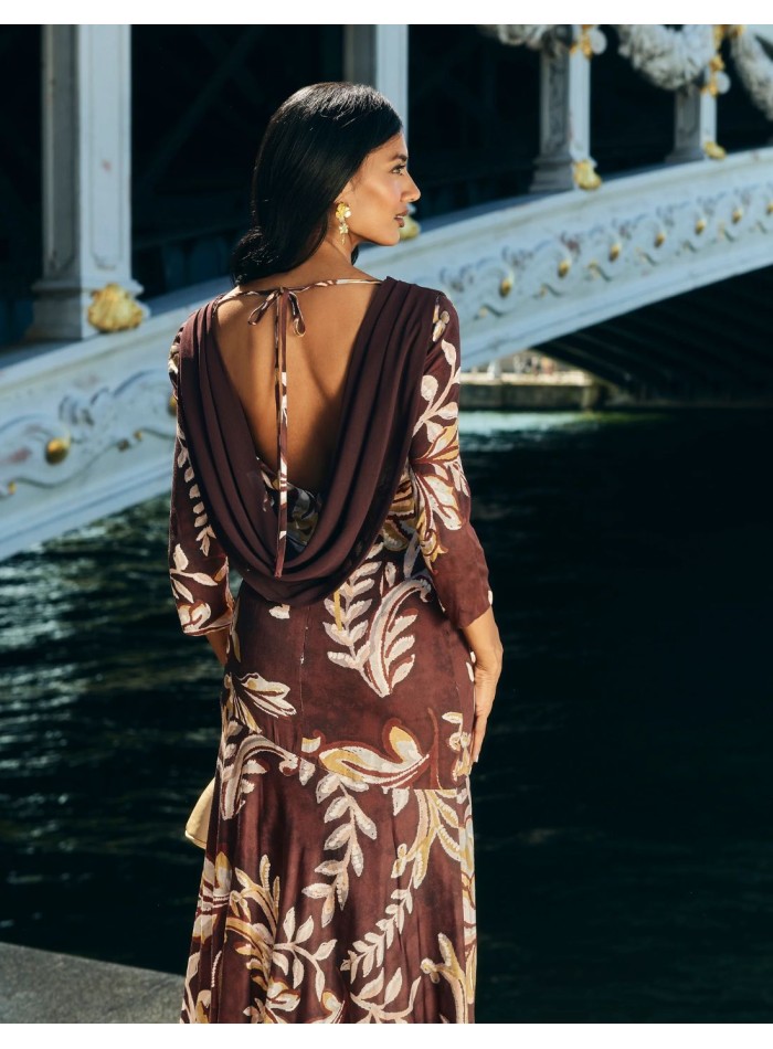 Robe d'invité midi à imprimé floral marron
