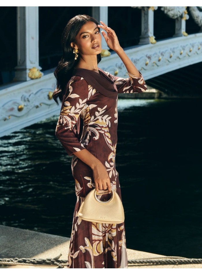 Brown floral print midi guest dress