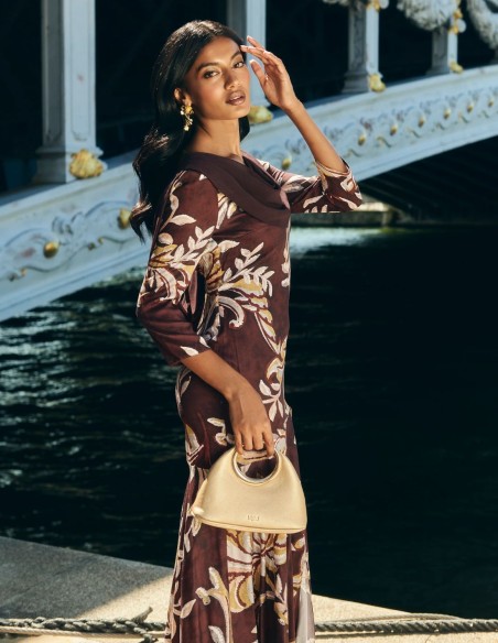 Robe d'invité midi à imprimé floral marron