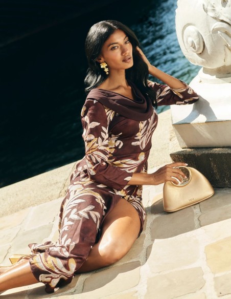 Robe d'invité midi à imprimé floral marron