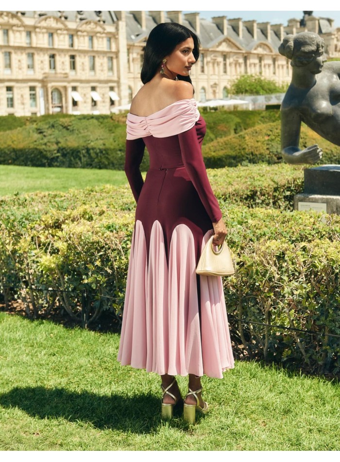 Two-tone long sleeve top with boat neckline