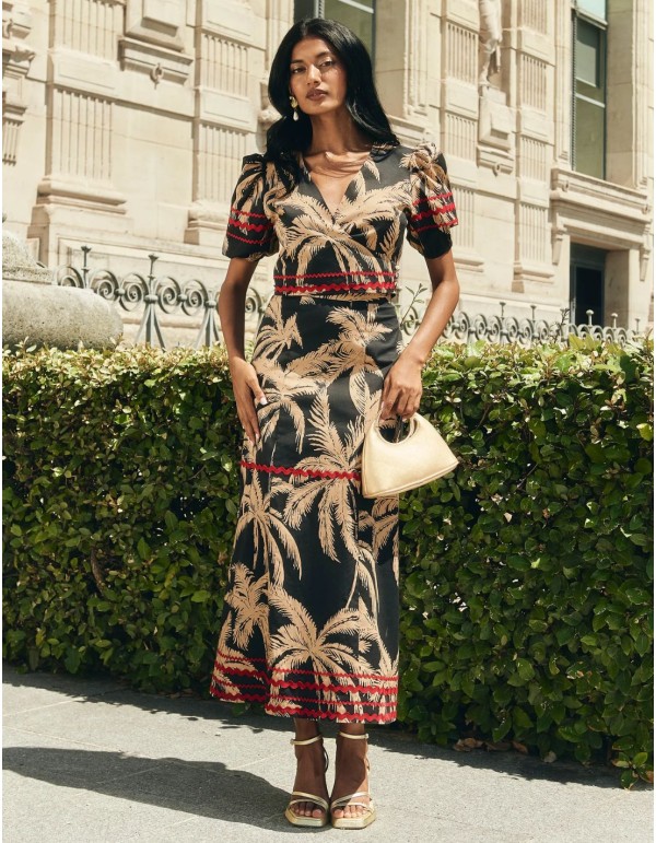 Palm tree print midi guest skirt
