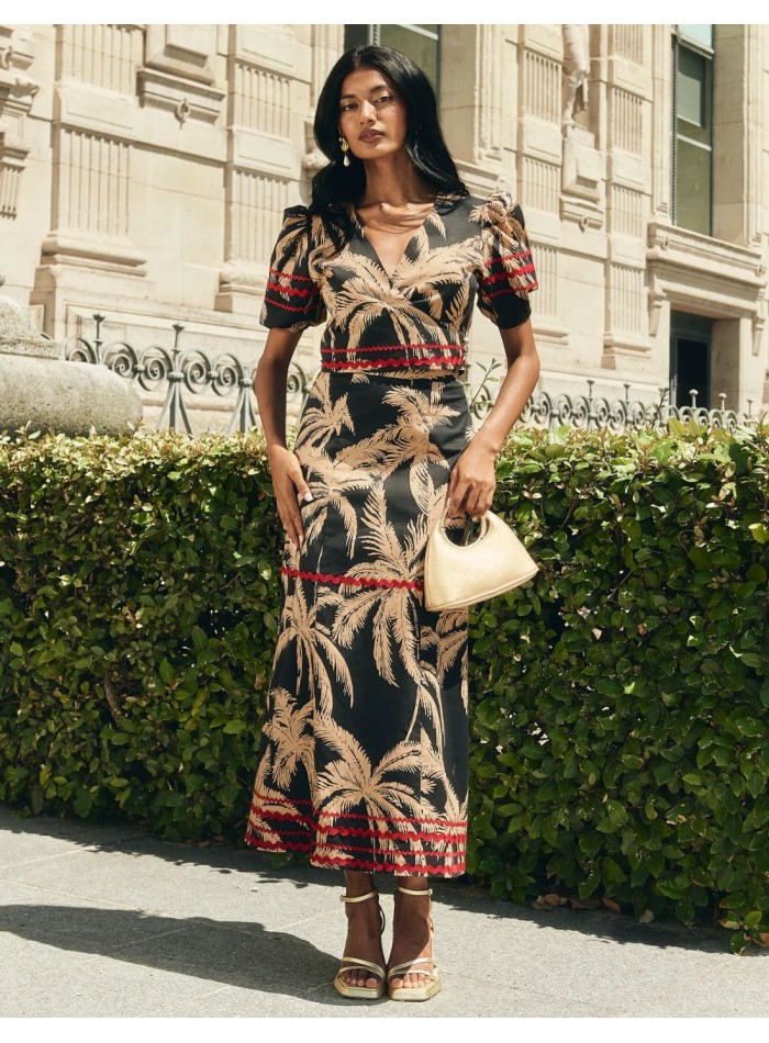 Palm tree print midi guest skirt