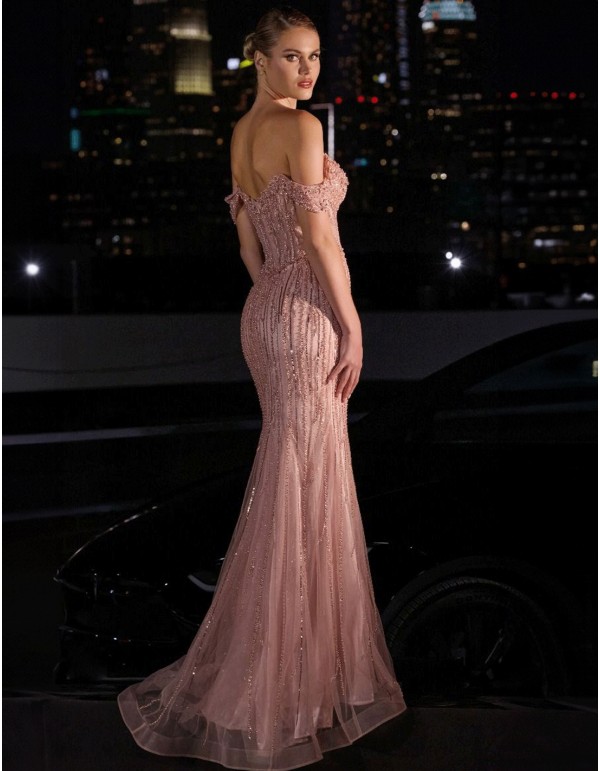 Longue robe de soirée élégante avec strass et décolleté...