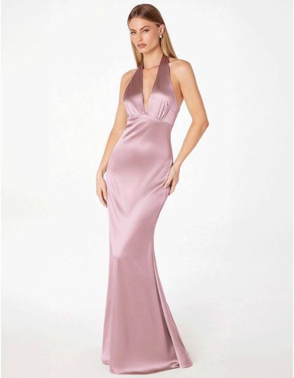 Longue robe de soirée en satin avec encolure dos nu nouée...