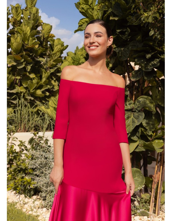 Long dress with bardot neckline and satin flounce skirt 2