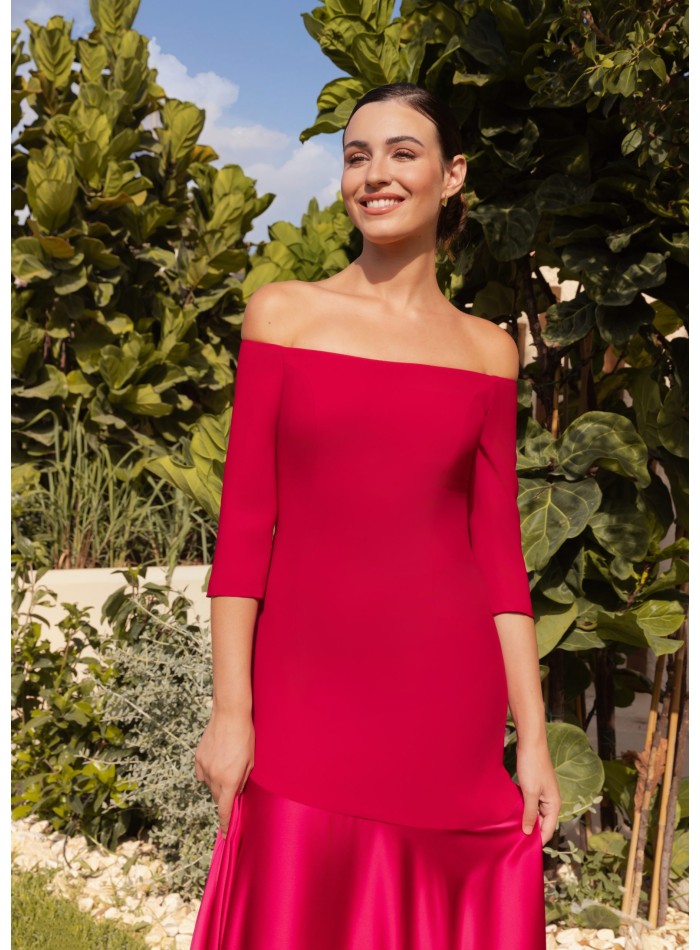 Long dress with bardot neckline and satin...