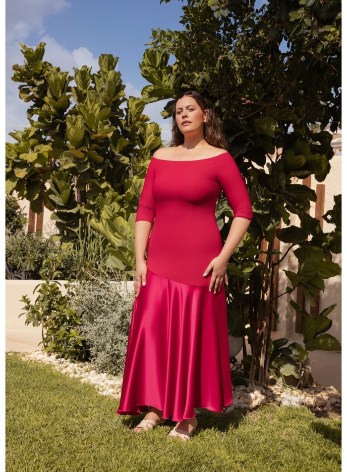 Long dress with bardot neckline and satin...