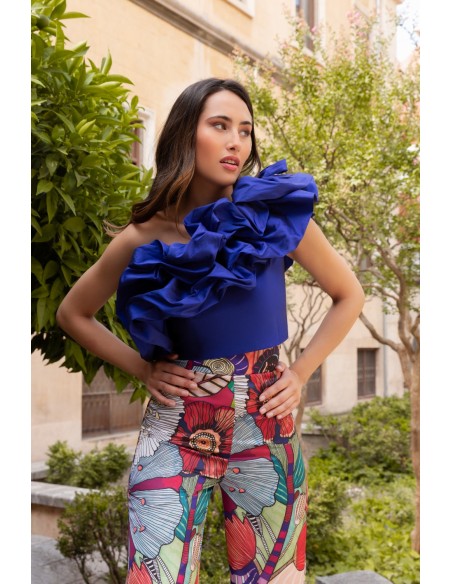 Conjunto de fiesta estampado de top con volante y pantalón
