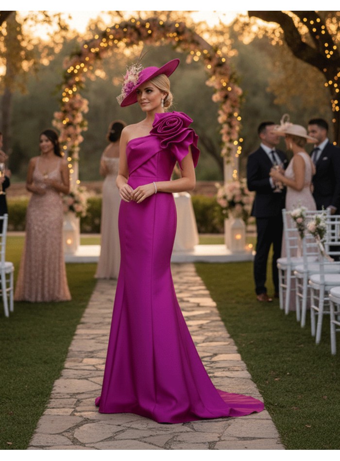 Long gown with asymmetrical neckline and...