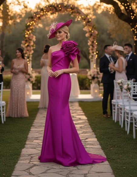 Robe de soirée longue avec encolure asymétrique et ornements sur les épaules