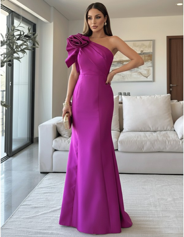 Long gown with asymmetrical neckline and shoulder...