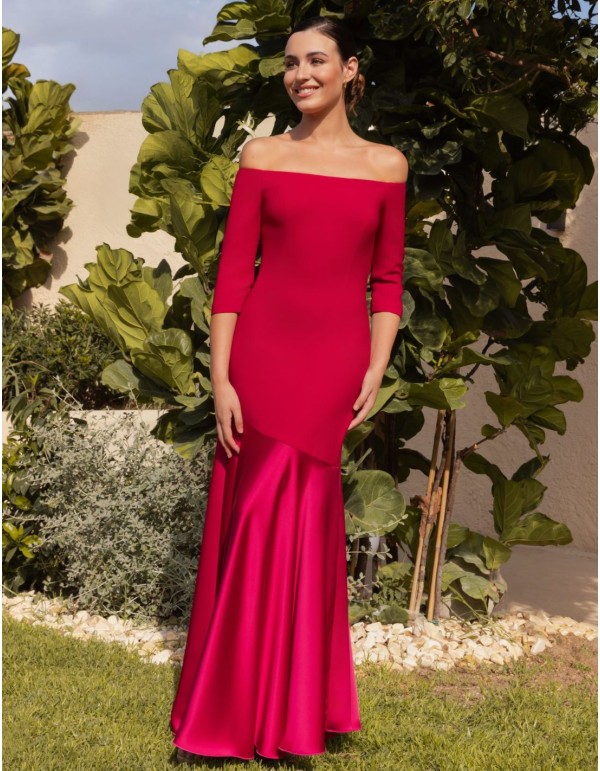 Long dress with bardot neckline and satin flounce skirt