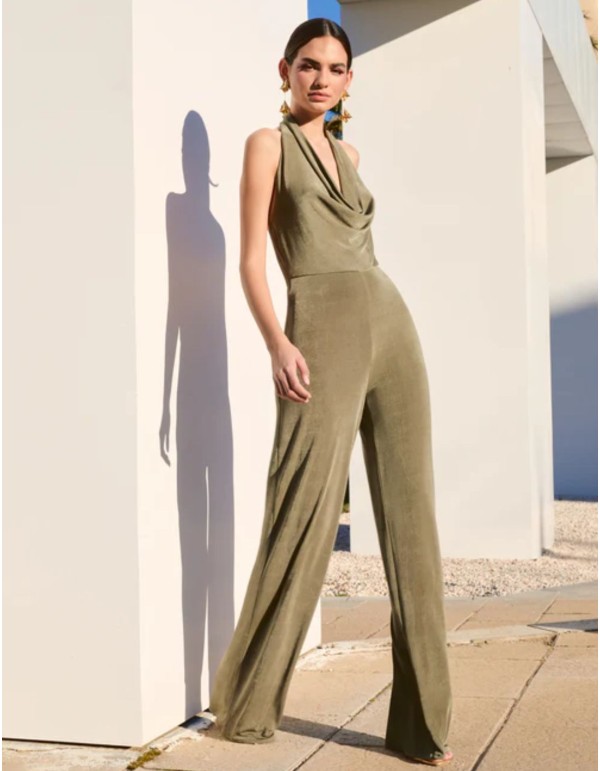 Long jumpsuit with draped halter neckline and open back