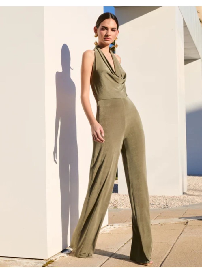 Long jumpsuit with draped halter neckline and...